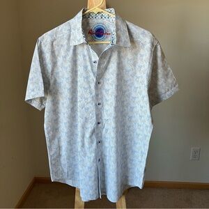 Robert Graham Men’s White and Blue Patterned Button Down Short Sleeve Shirt M